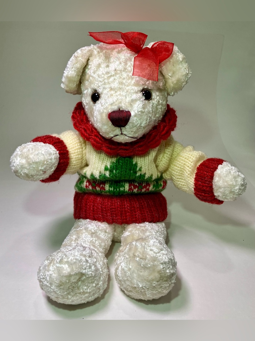 SKM 8in White Teddy Bear with Christmas Sweater and Red Bow